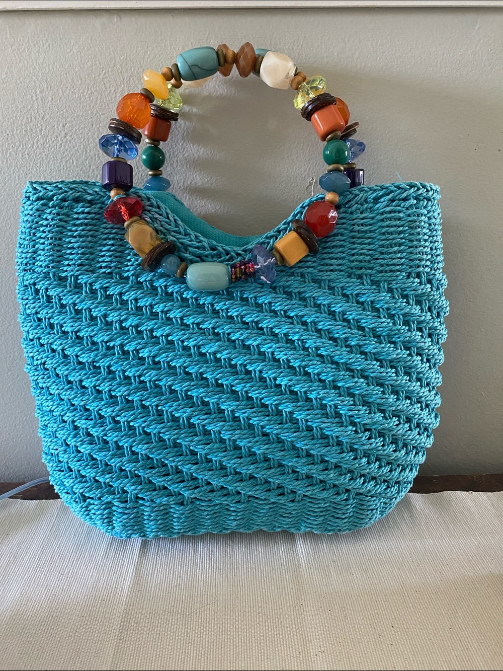 Cappelli Straworld Turquoise Lined Woven Staw Bag with Multicolor Beaded Handles